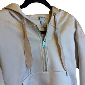 Forever 21 Women Cream Sateen Crop Pullover Hoodie Half Zip Up Sweatshirt Small